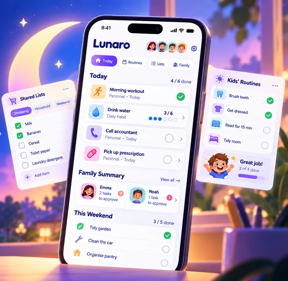 Illustration of the Lunaro app on a phone, showing a Today list, a family summary, a shared shopping list and kids' routines against a moonlit evening scene.